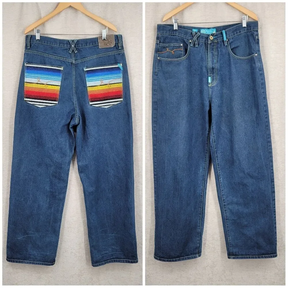 LRG Colorful Embroidered Wide Leg Baggy Denim Jeans